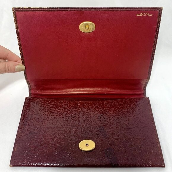 PITTI Italian Mid Century Blood Red Gilt Embossed Leather Clutch Wallet Gorgeous - Picture 14 of 16